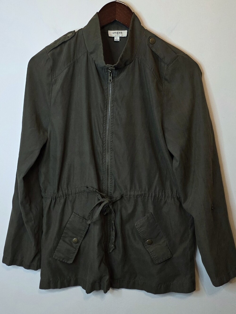 Umgee USA Olive Green Lightweight Full Zip Utility Jacket Cinch Waist Size Small